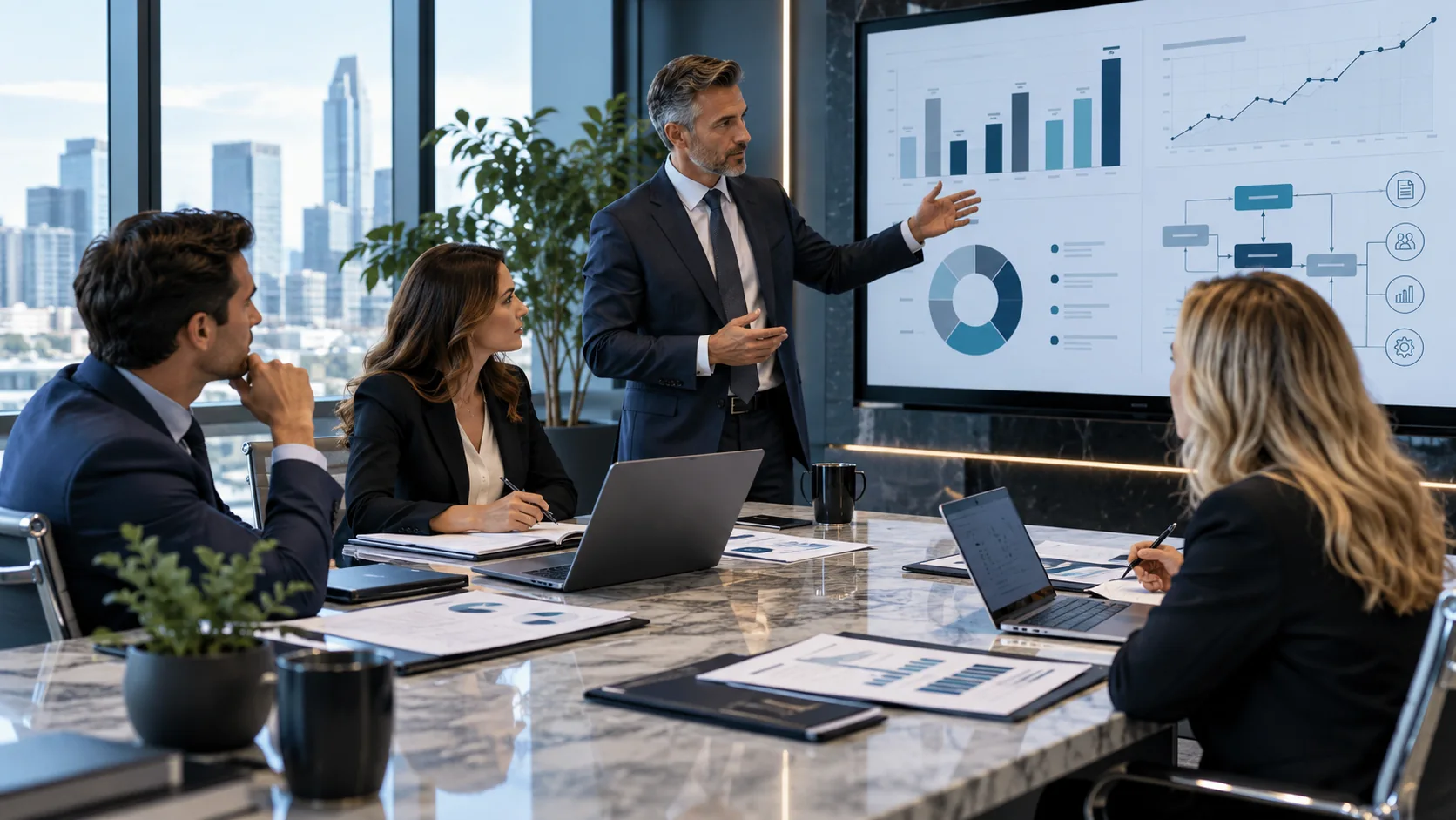 Illustrative law firm team reviewing reporting strategy and payment data