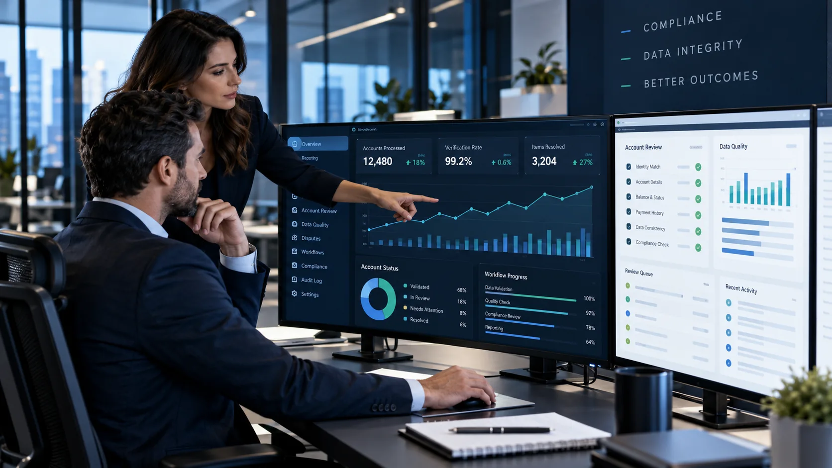 Illustrative professional team reviewing financial data quality and compliance dashboard