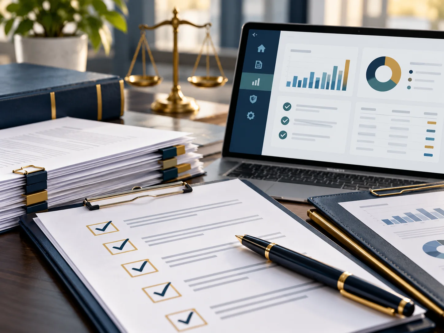 Illustrative compliance checklist, legal documents and secure reporting dashboard used to represent credit reporting data quality controls