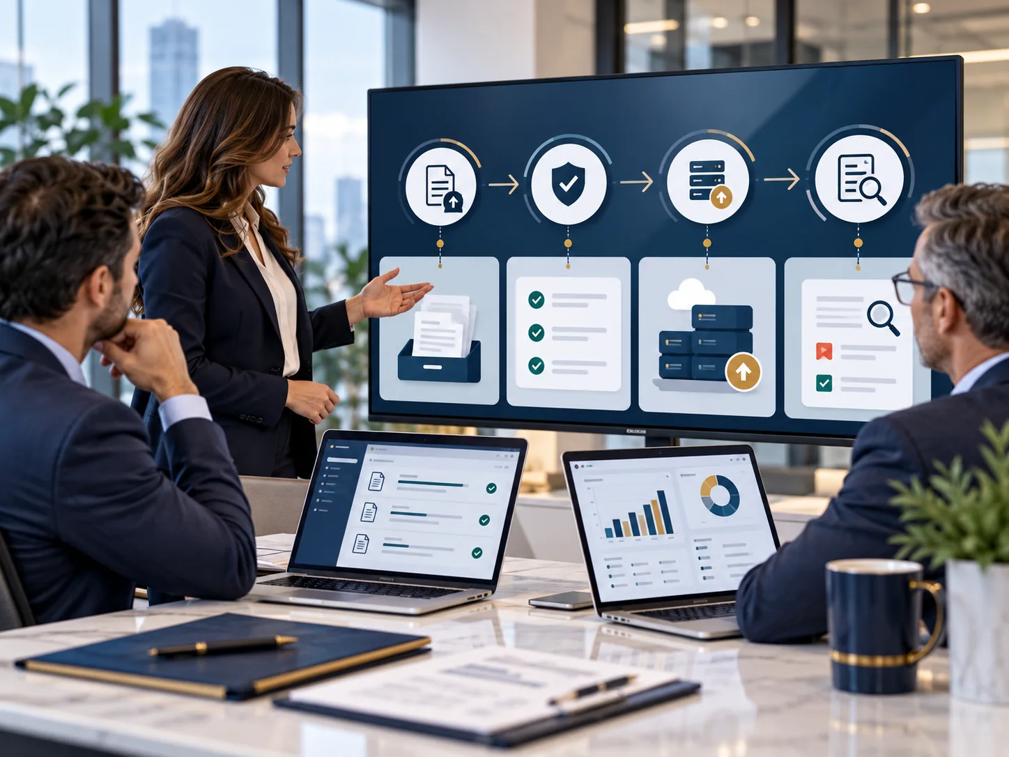 Illustrative team discussion of intake, eligibility validation, data processing and dispute review workflow